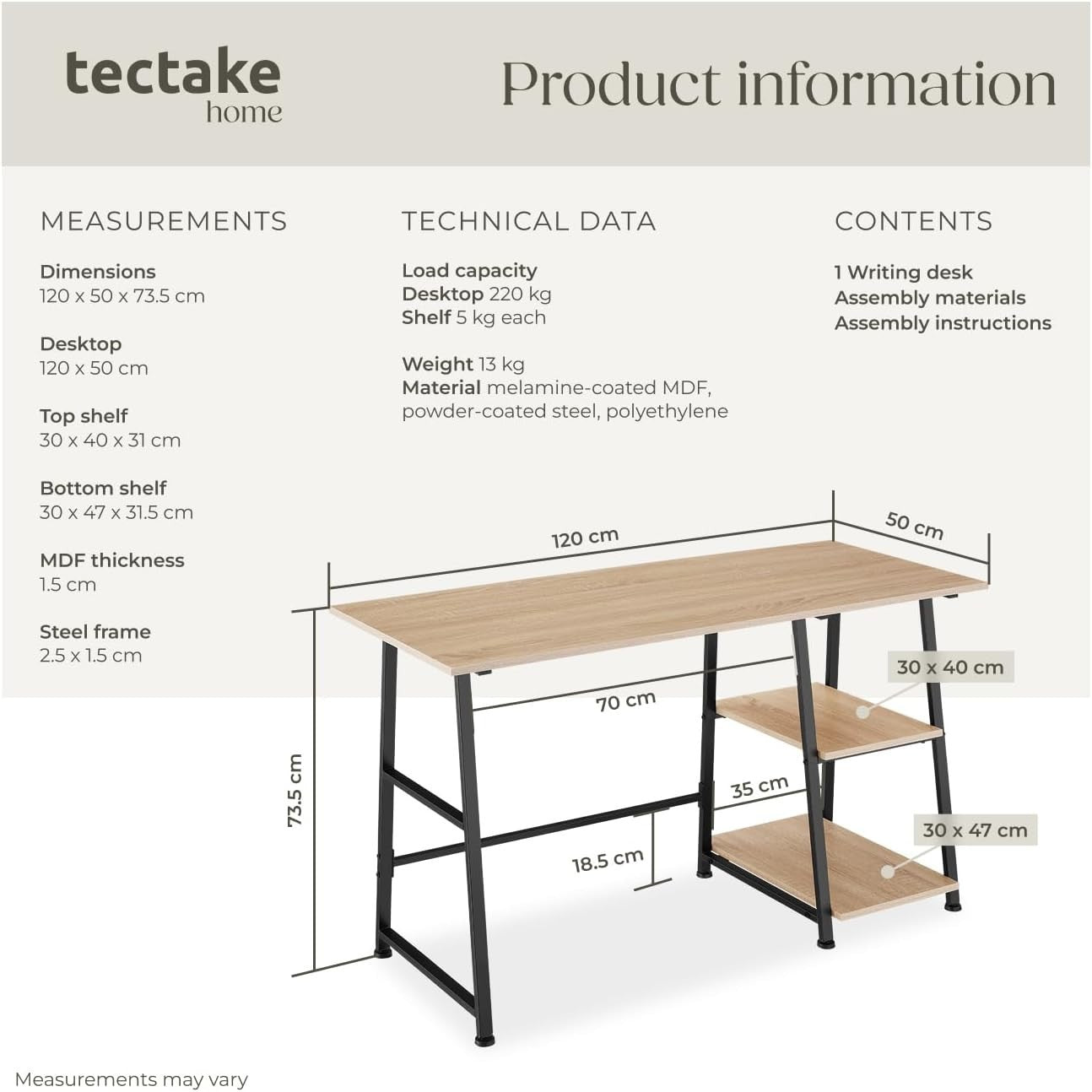 Modern Computer Desk Light Wood 120cm with Shelves & Steel Frame Office Table