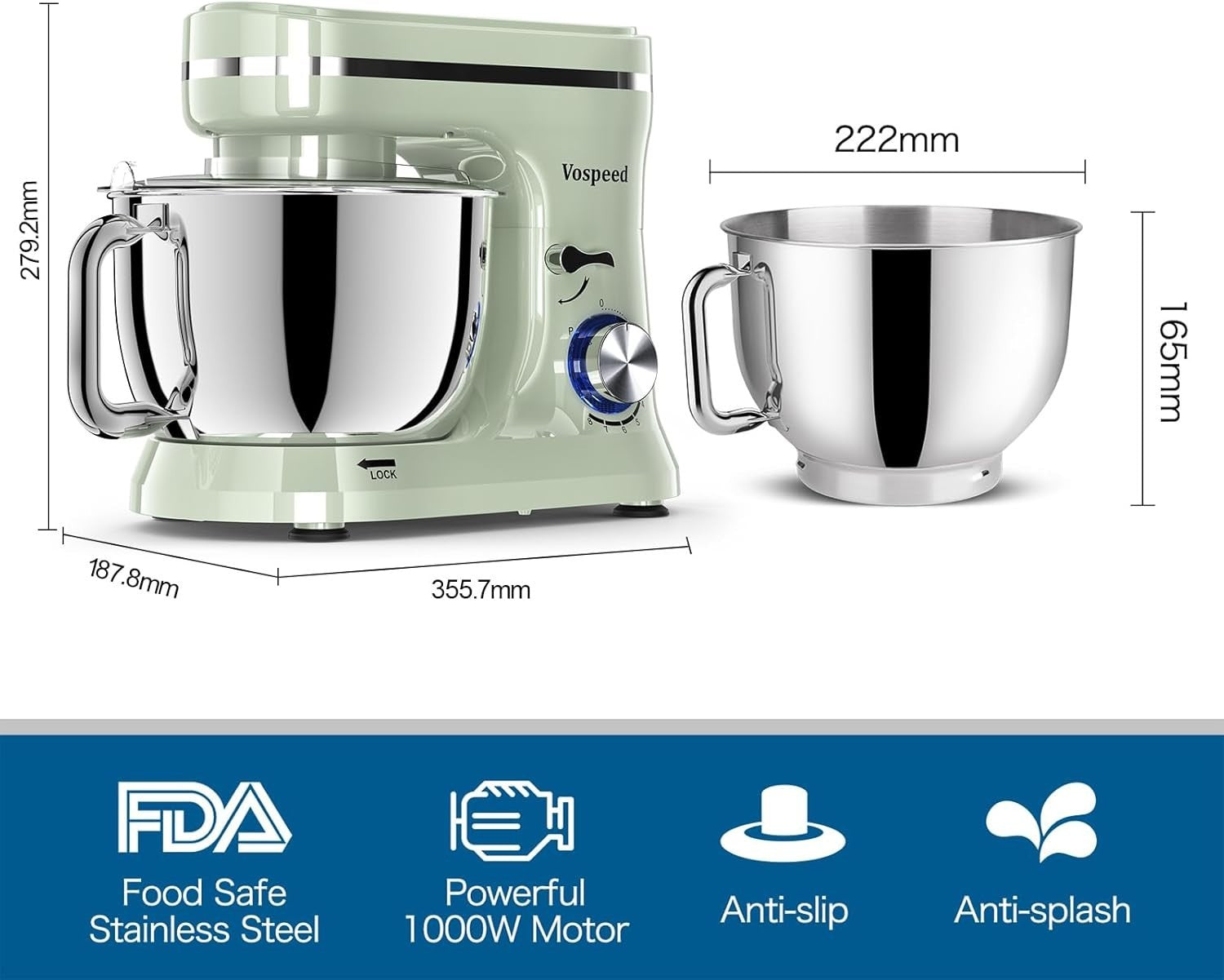 5QT 1000W Stand Mixer 8-Speed Tilt-Head Food Mixer Green Stainless Steel