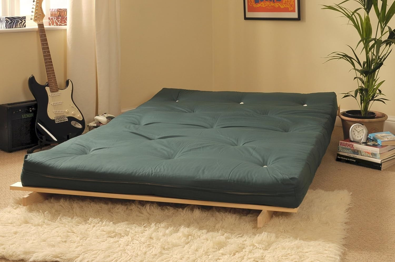 Small Double Wooden Futon Sofa Bed 4ft Tufted Green Mattress Compact