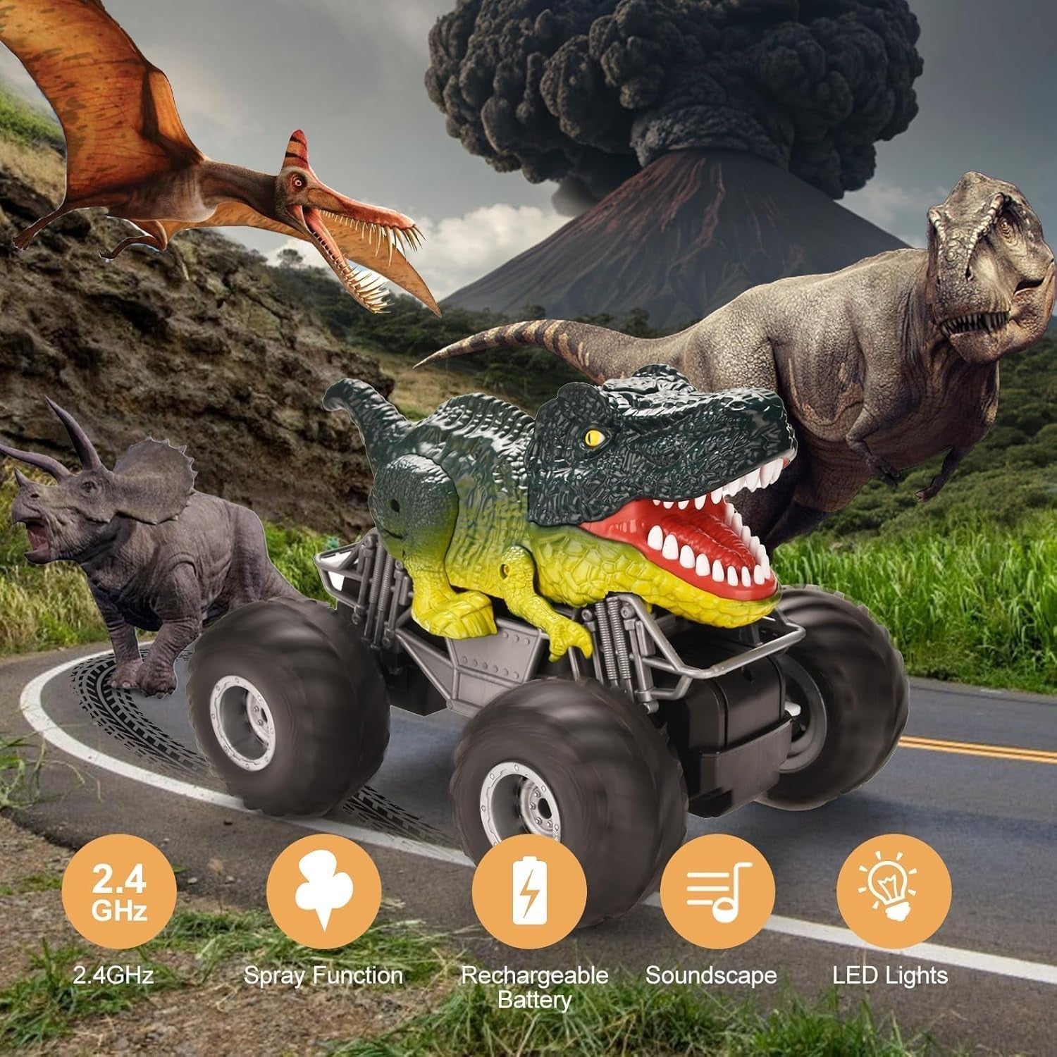 1:16 Dinosaur RC Car Monster Truck Spray Roar LED Lights Gift for Kids 3+