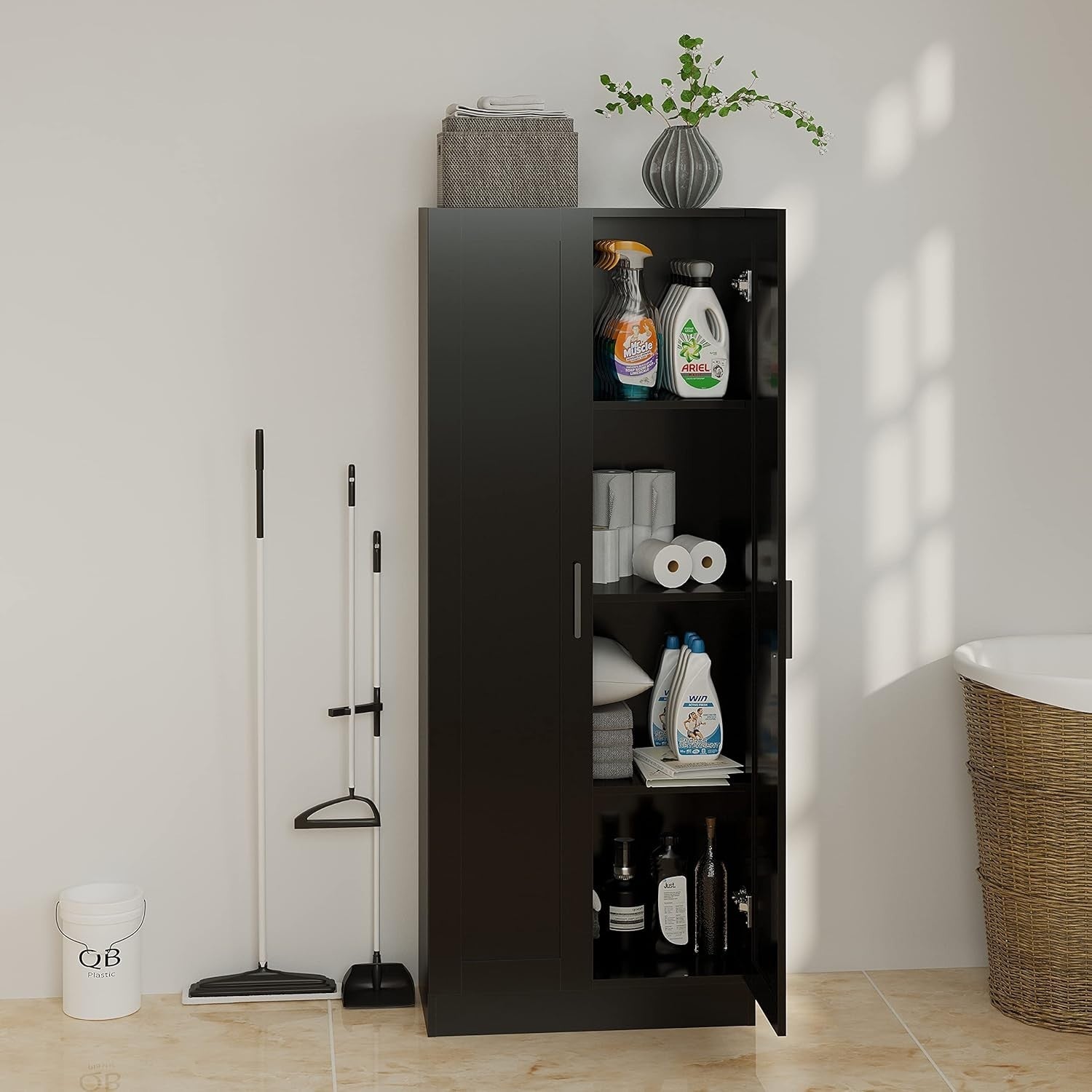 Freestanding Tall Kitchen Storage Cabinet with 2 Doors & Adjustable Shelves