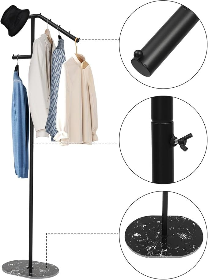 Black Marble Base L-Shaped Coat Rack 170cm Metal Clothes Organizer Stand