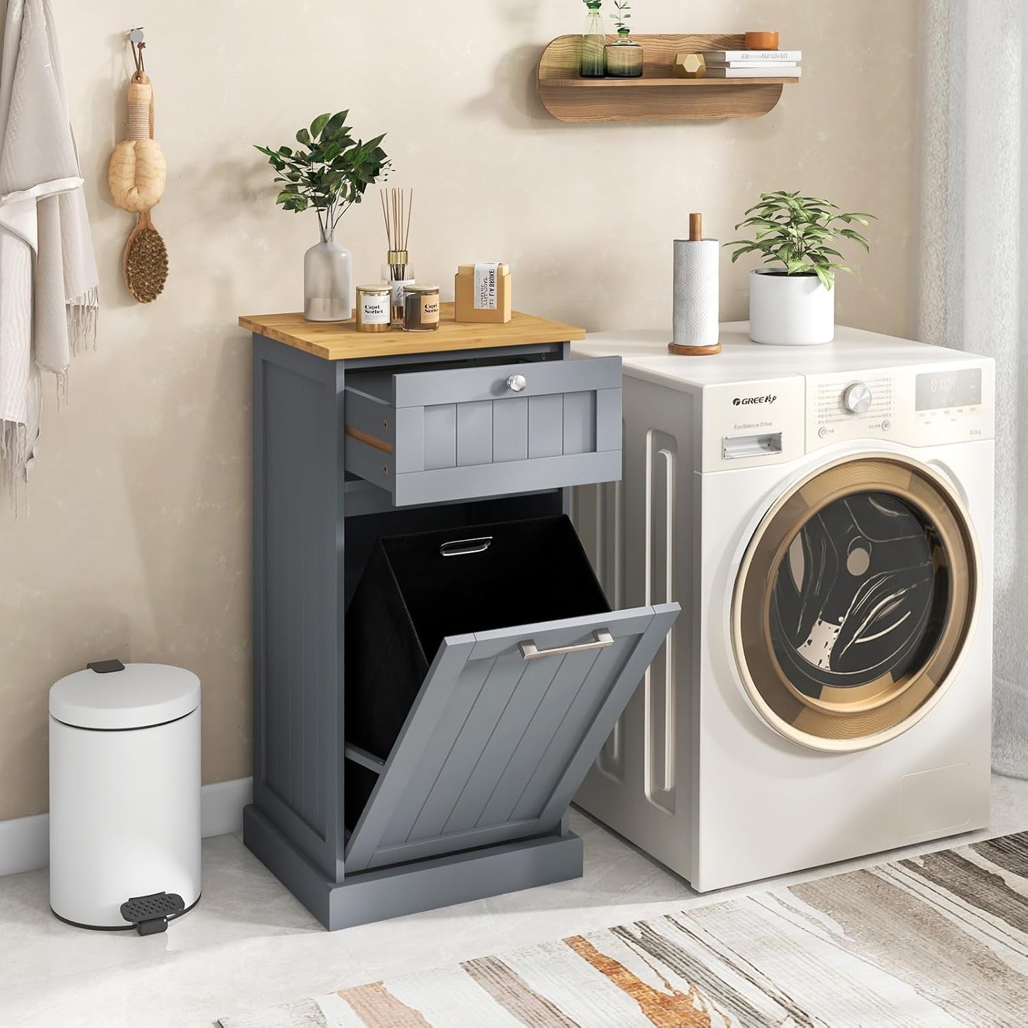 Tilt-Out Laundry Cabinet with Drawer & Removable Bin | Freestanding Bathroom Ham