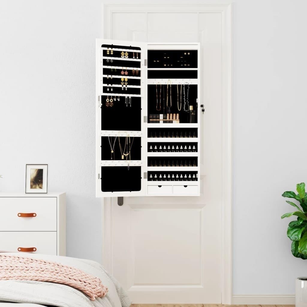 Wall Mounted Mirror Jewelry Cabinet Lockable Slim Storage Armoire White