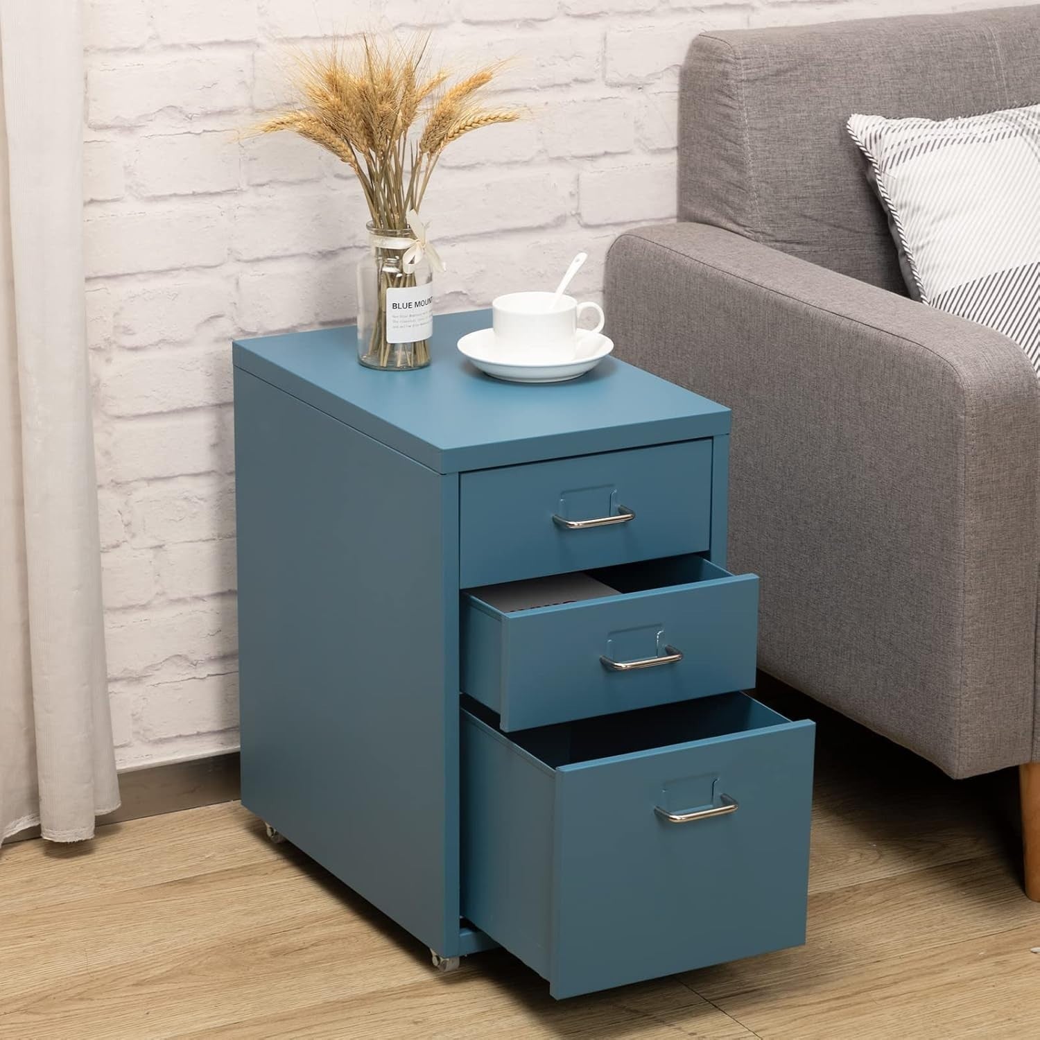 Dark Blue Metal Rolling Drawer Unit 3 Tier Under Desk Storage