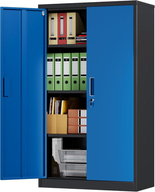Black Blue Metal Storage Cabinet 140cm Lock & Adjustable Shelves Office Cupboard