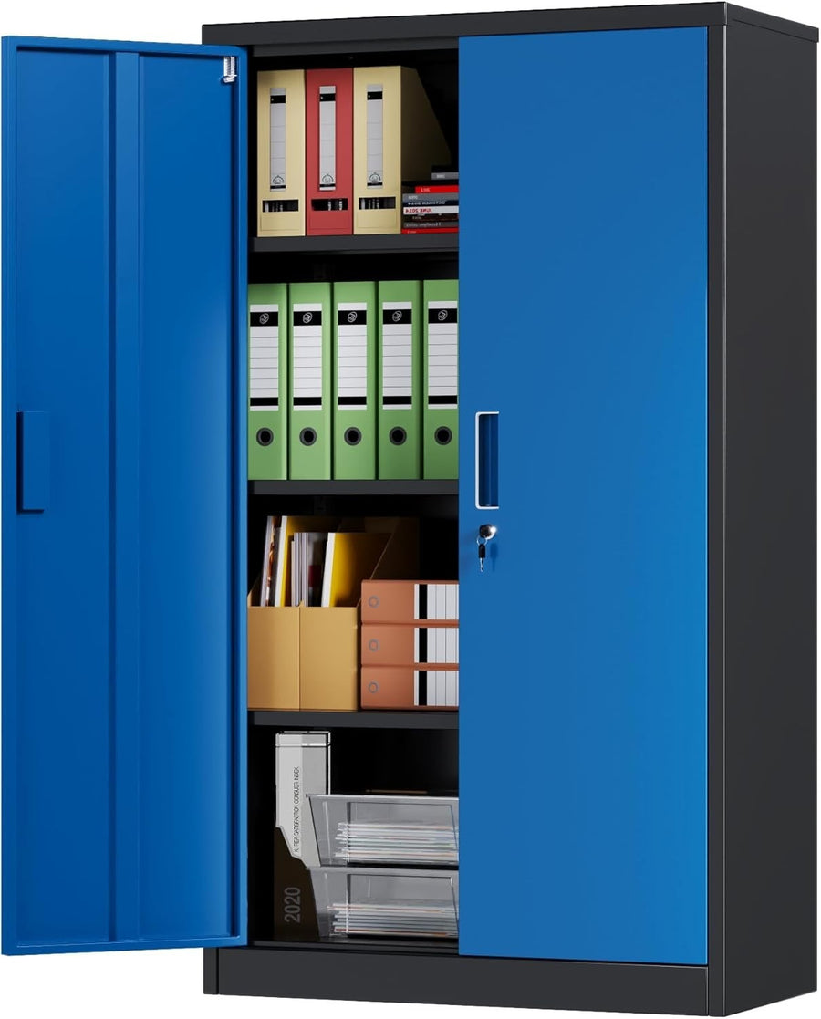 Black Blue Metal Storage Cabinet 140cm Lock & Adjustable Shelves Office Cupboard