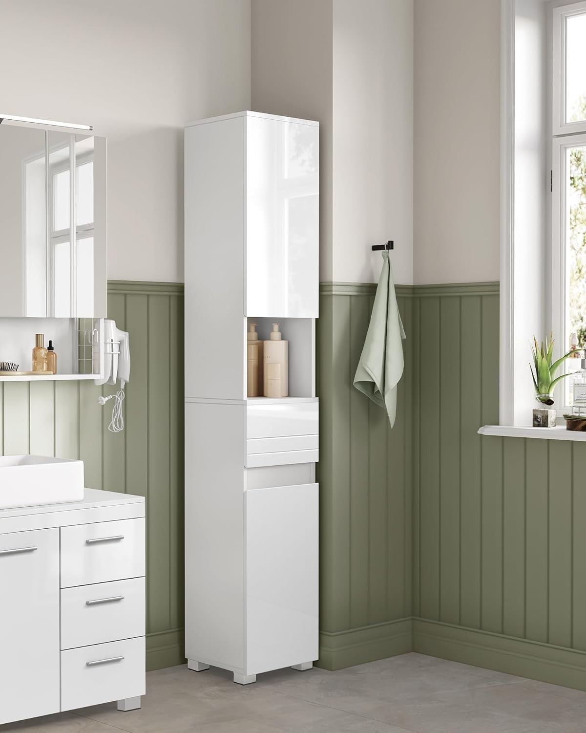 Slim Tall Bathroom Cabinet with Drawer, Adjustable Shelves & Lock, 170cm