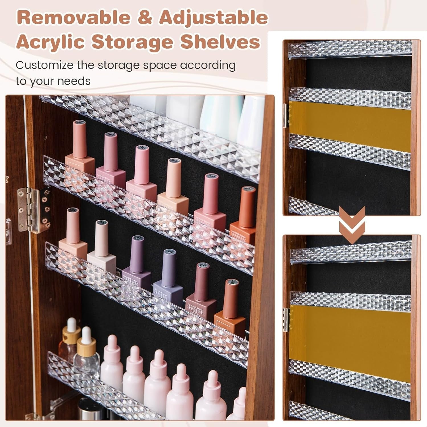 Brown Swivel Jewelry Cabinet LED Mirror Lockable Storage with Wheels