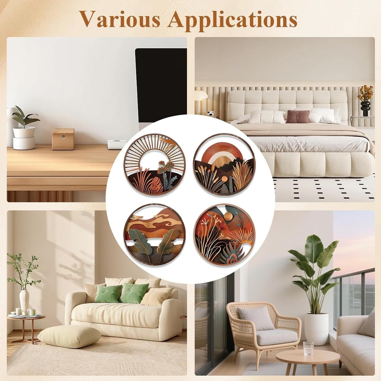 4pcs Boho Round Wooden Wall Art Hanging Decor Set