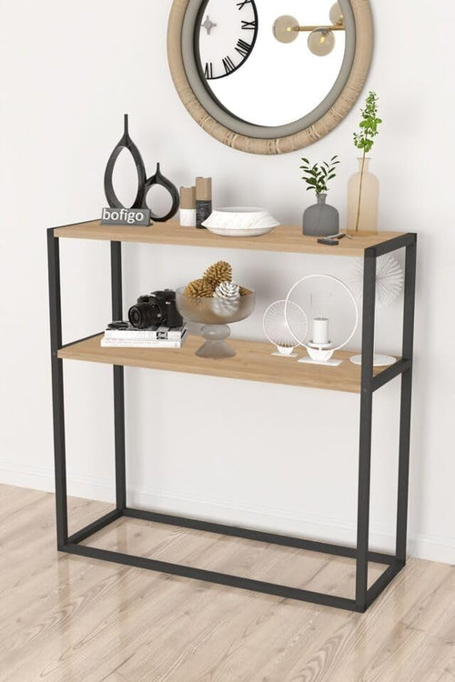 Slim Console Table with 2 Shelves – Modern Wood Top & Metal Frame Storage