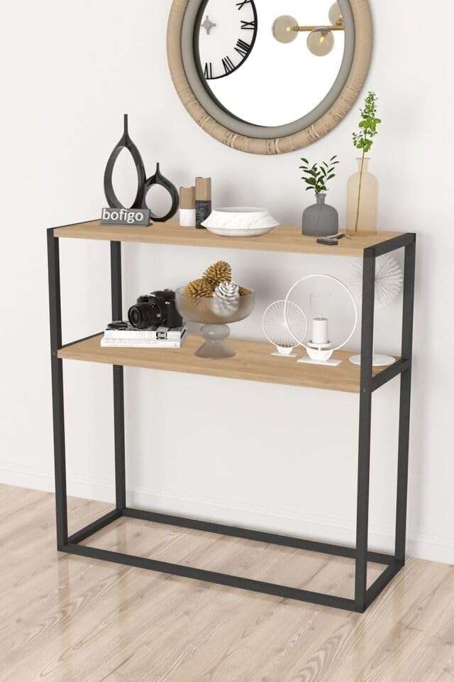 Slim Console Table with 2 Shelves – Modern Wood Top & Metal Frame Storage