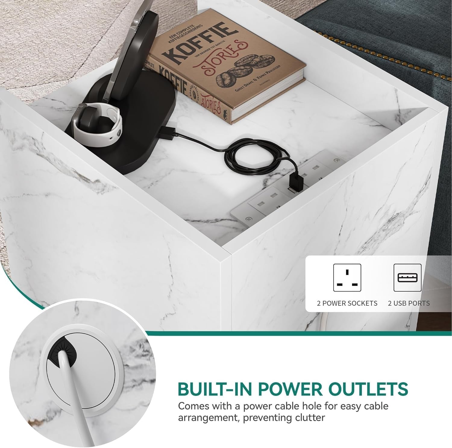 Marble White 3 Drawer Bedside Table – Modern Nightstand with USB Ports
