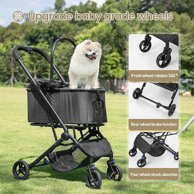 2 in 1 Dog Stroller Removable Basket Foldable Pet Pram 4 Wheel Travel Cart