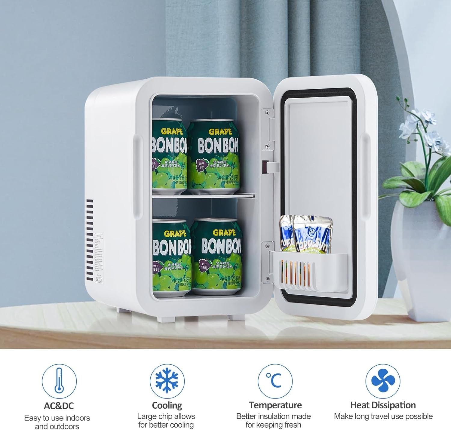 Mini Fridge 6L Portable Cooler & Warmer AC/DC Low Noise Compact White
