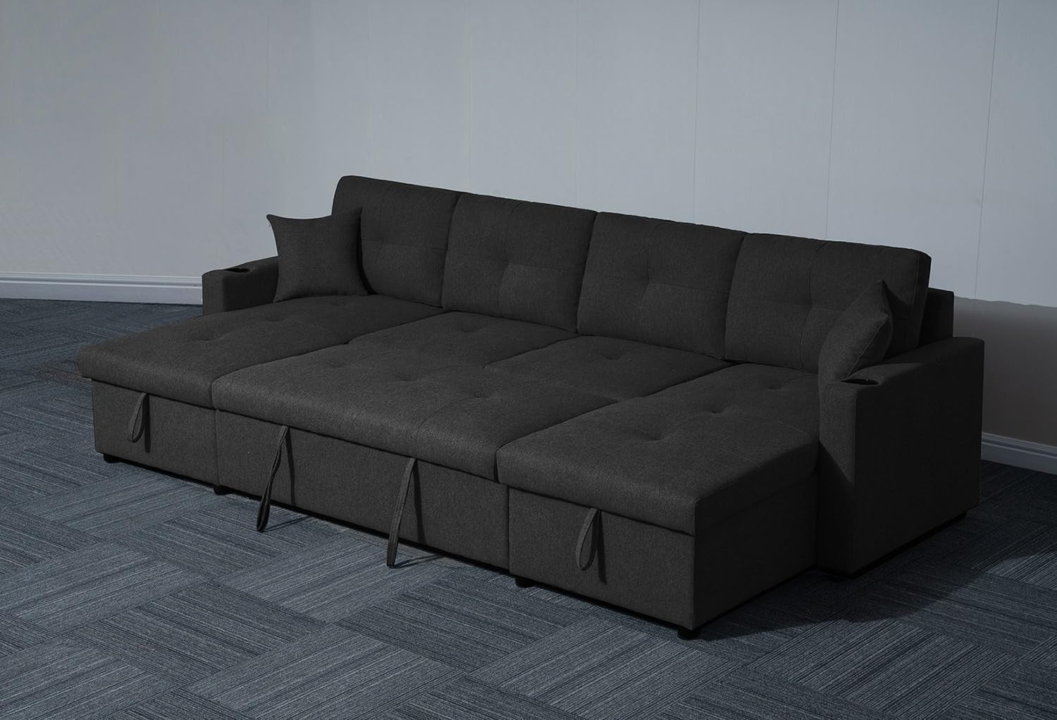 Black Fabric U-Shaped 4 Seater Sofa Bed with Storage & Pull-Out Bed