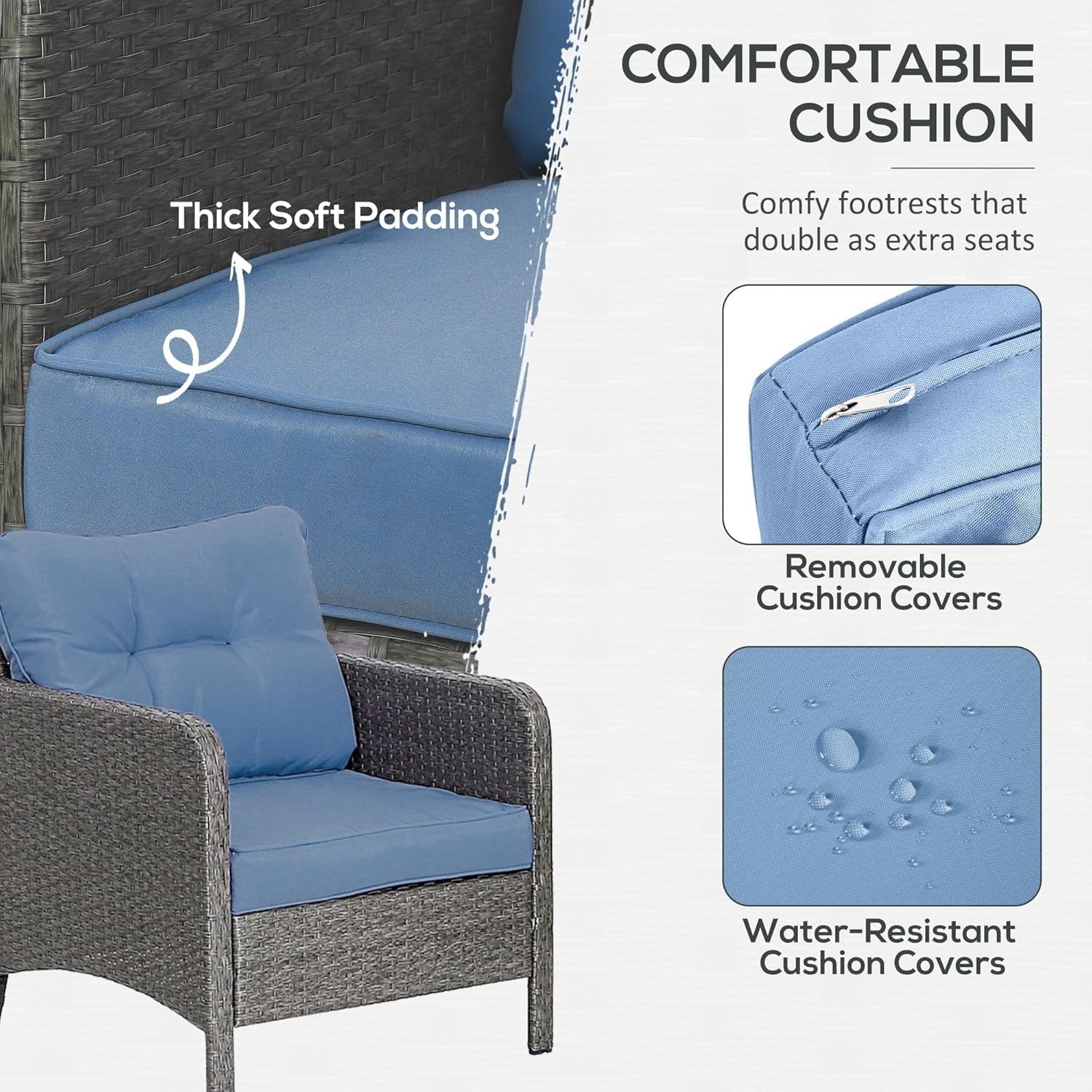 5pc Rattan Garden Furniture Set Outdoor Chairs Table Stools Blue Cushions