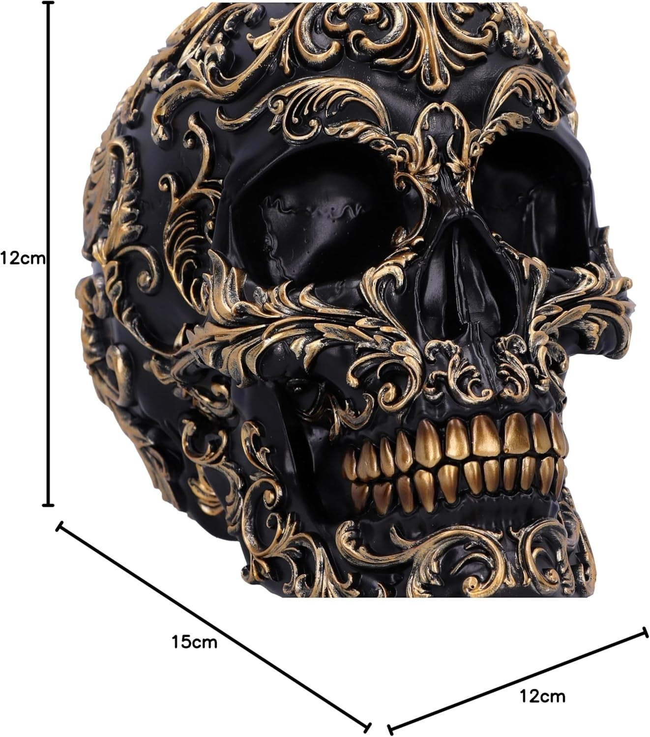 Baroque Skull Ornament 19cm Black Gold Resin Gothic Decor Ornate Display Piece