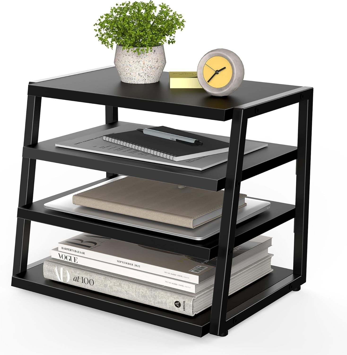 4 Tier Desk File Organizer A4 Paper Tray Wood Metal Office Shelf Black