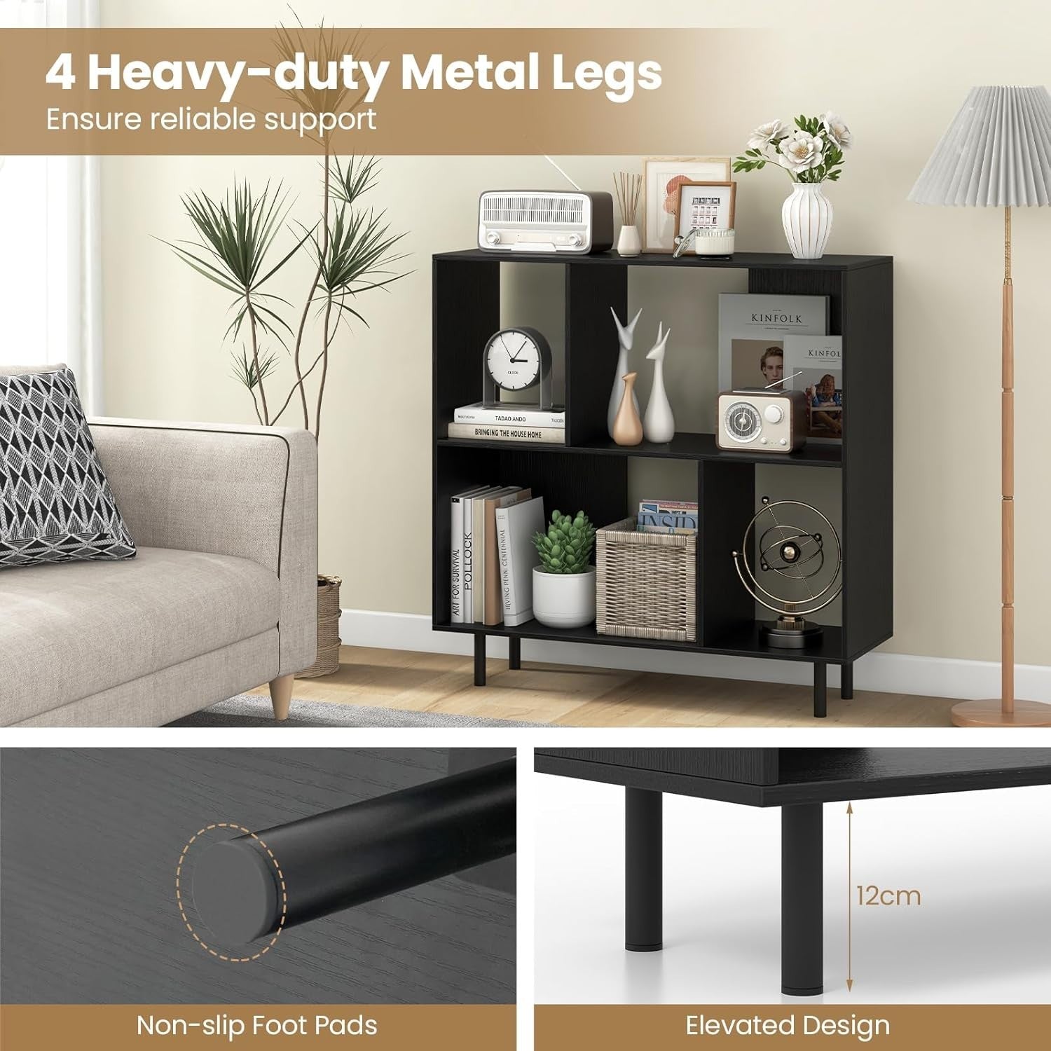 4-Cube Storage Bookcase Wooden Shelves Metal Legs Anti-Tip 90x30x90cm
