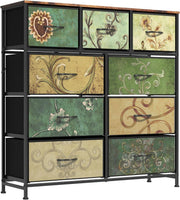 9 Drawer Fabric Storage Chest with Wood Top Steel Frame Retro Bohemian Decor