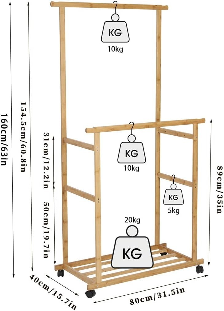 Bamboo Clothes Rail Double Hanging Rack with Wheels & Shelves – 80x40x160cm