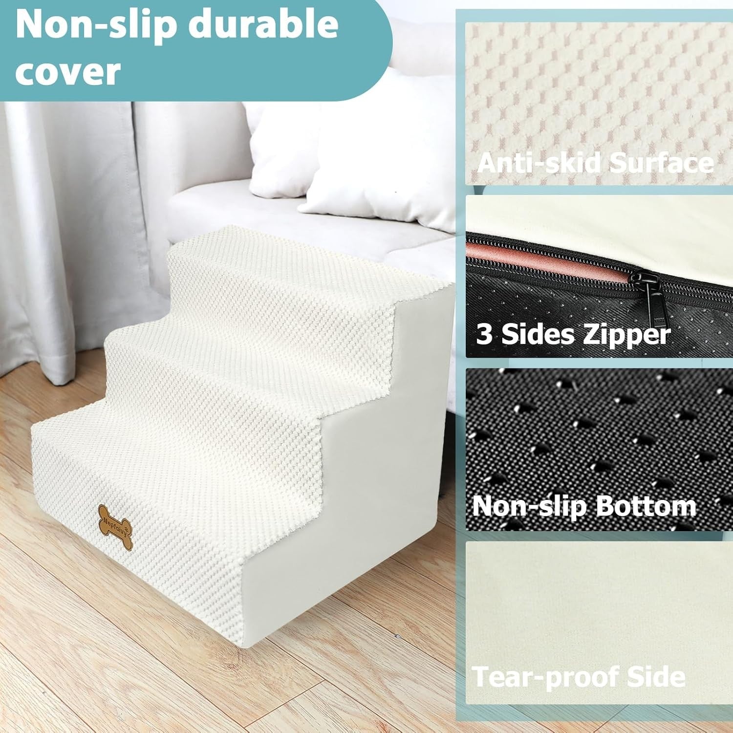 3-Step Dog Stairs Non-Slip Pet Ramp for Small Dogs Cats Beige