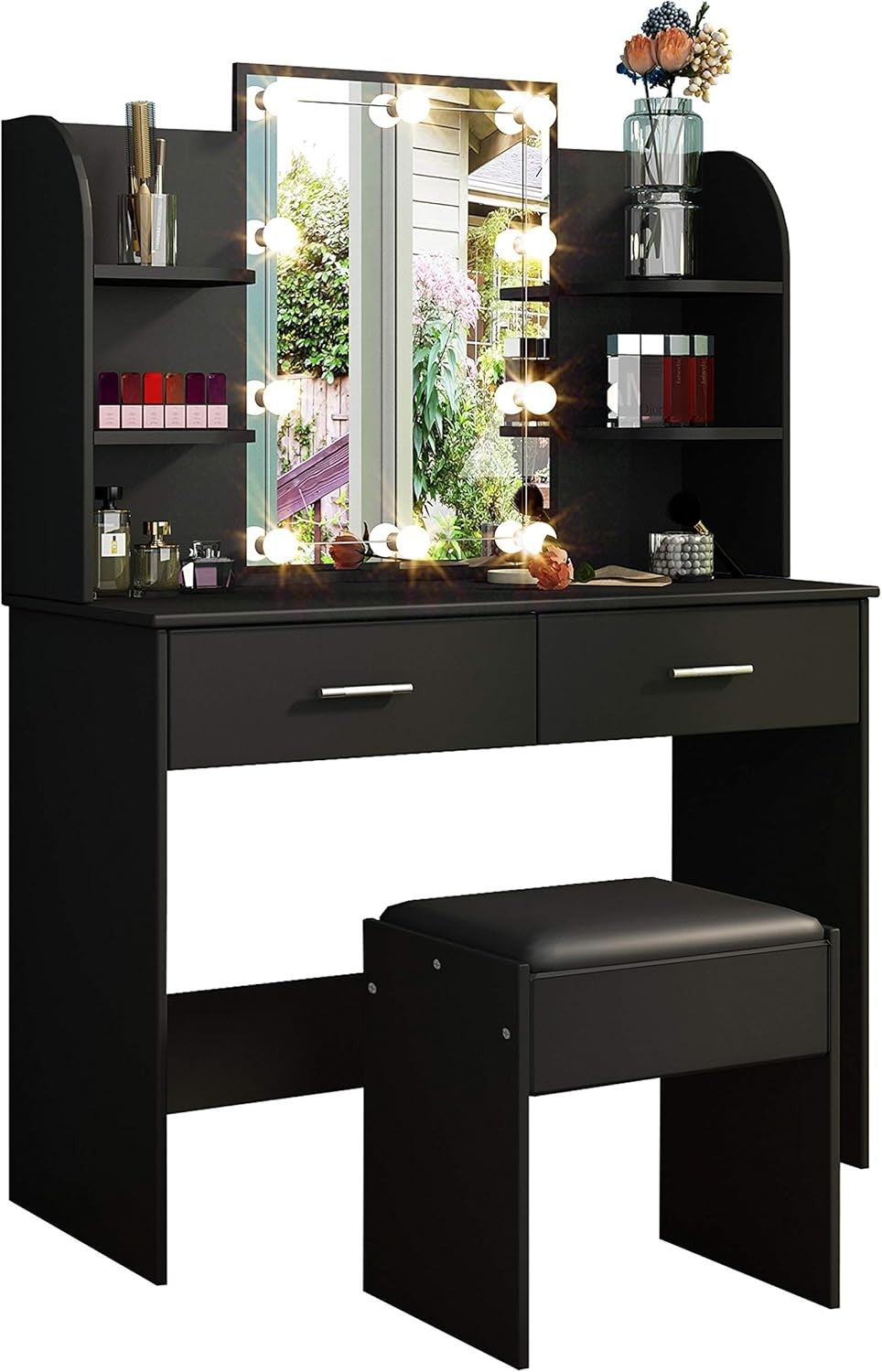 Black Vanity Dressing Table w/ LED Mirror Lights Faux Leather Stool Storage