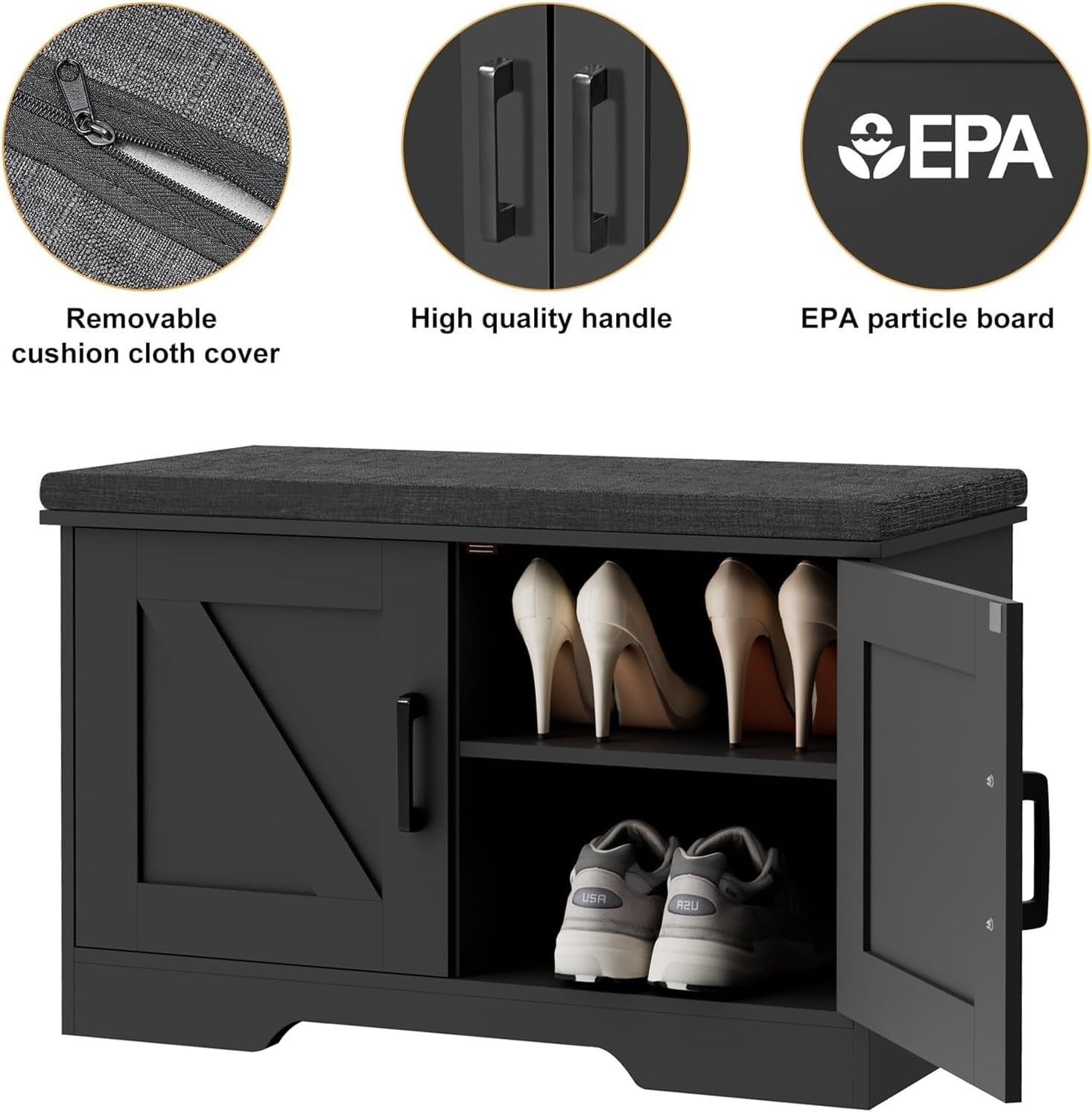 Black 2-Tier Shoe Bench with Cushion & Adjustable Shelf 70x35x45cm
