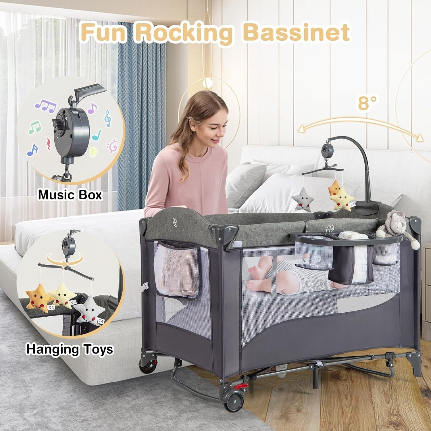 5in1 Travel Cot Baby Bedside Foldable Crib Bassinet Portable Playard Grey