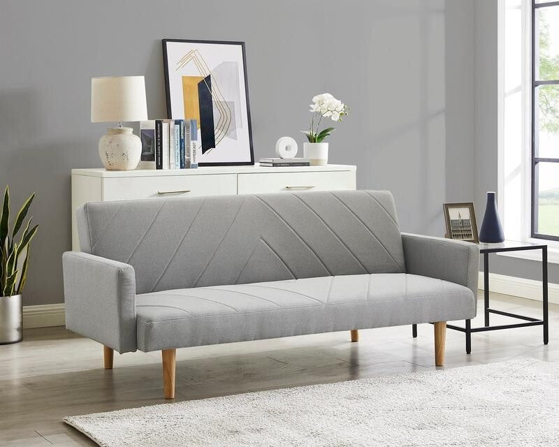 3 Seater Light Grey Sofa Bed Chevron Fabric Clic Clac Wooden Legs