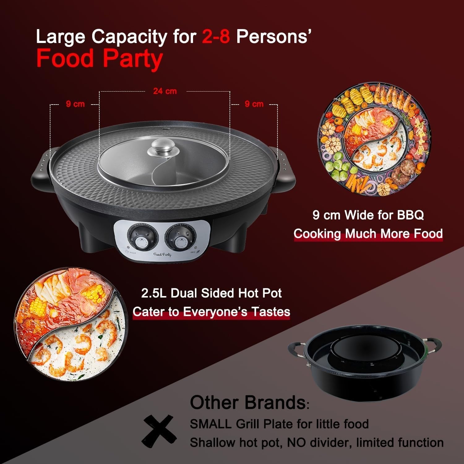Electric Hot Pot BBQ Grill 2-in-1 2200W | Dual Control Shabu Shabu Cooker 50cm