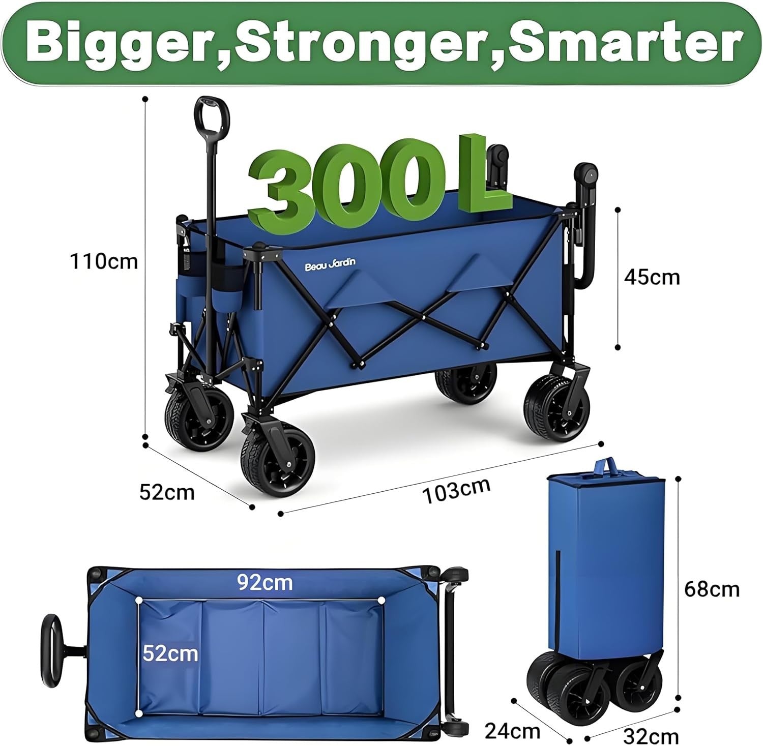 XXL 300L Heavy Duty Folding Wagon 250kg All-Terrain Cart w/ Wide Wheels & Handle