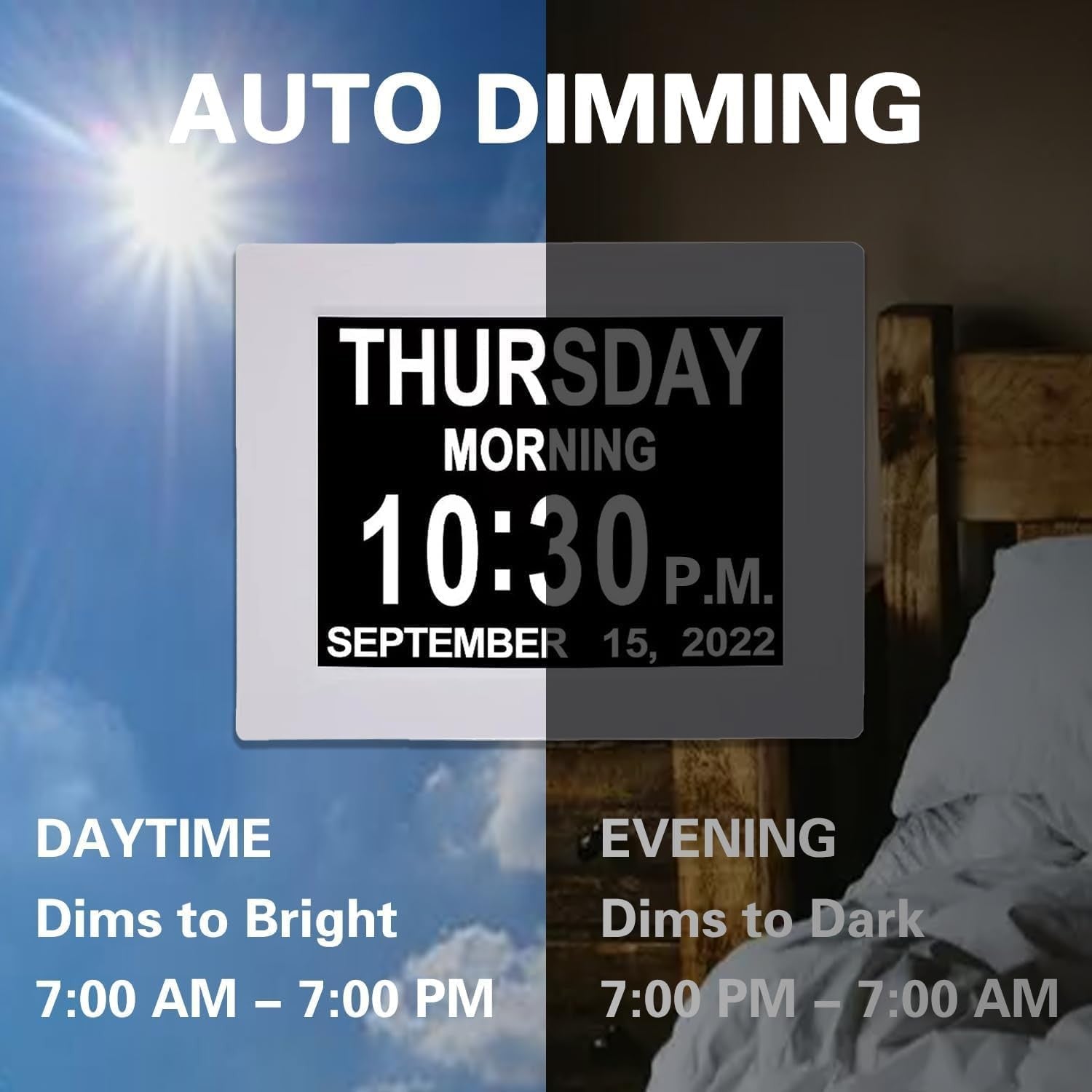 8” Dementia Digital Alarm Clock Large Day Date Auto Dimming Temp Humidity