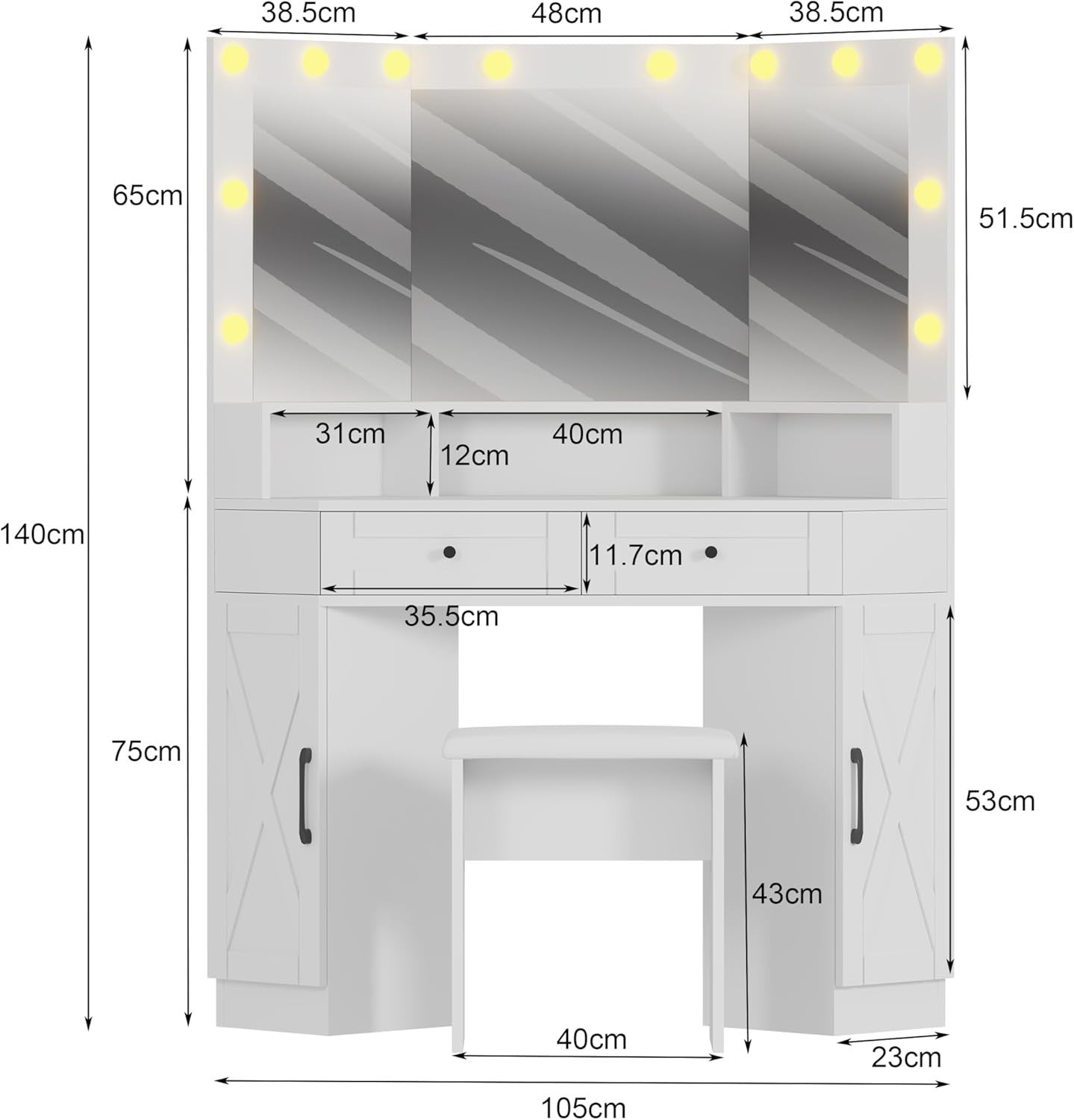 Corner Dressing Table White Makeup Vanity Desk LED Lights 3 Mirror Storage