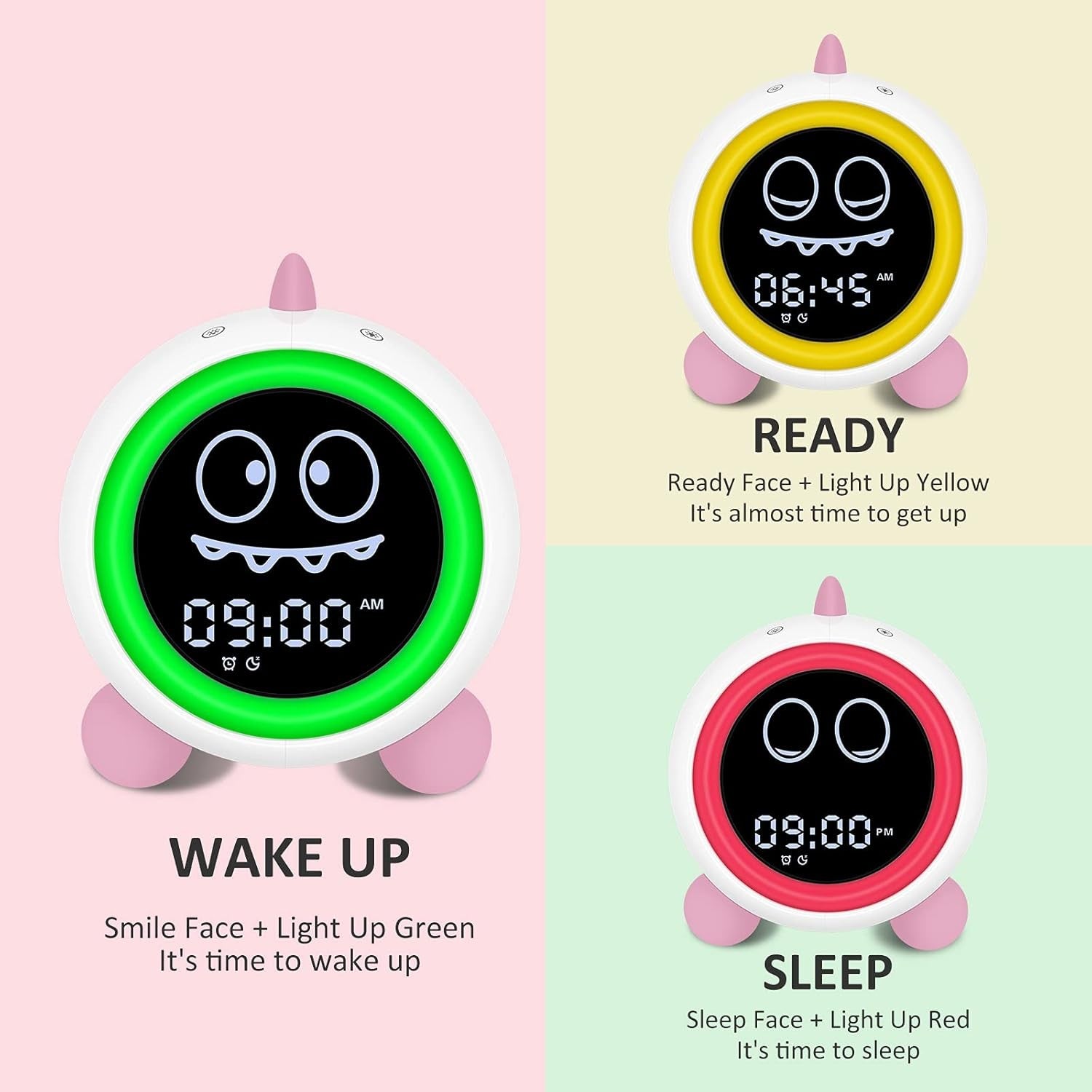 Pink Kids Sleep Training Alarm Clock Night Light Sound Machine Toddler