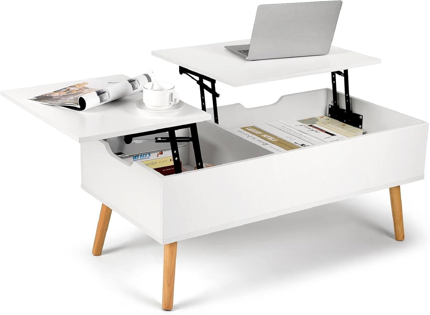 White Lift Top Coffee Table with Hidden Storage & Dual Work Surfaces