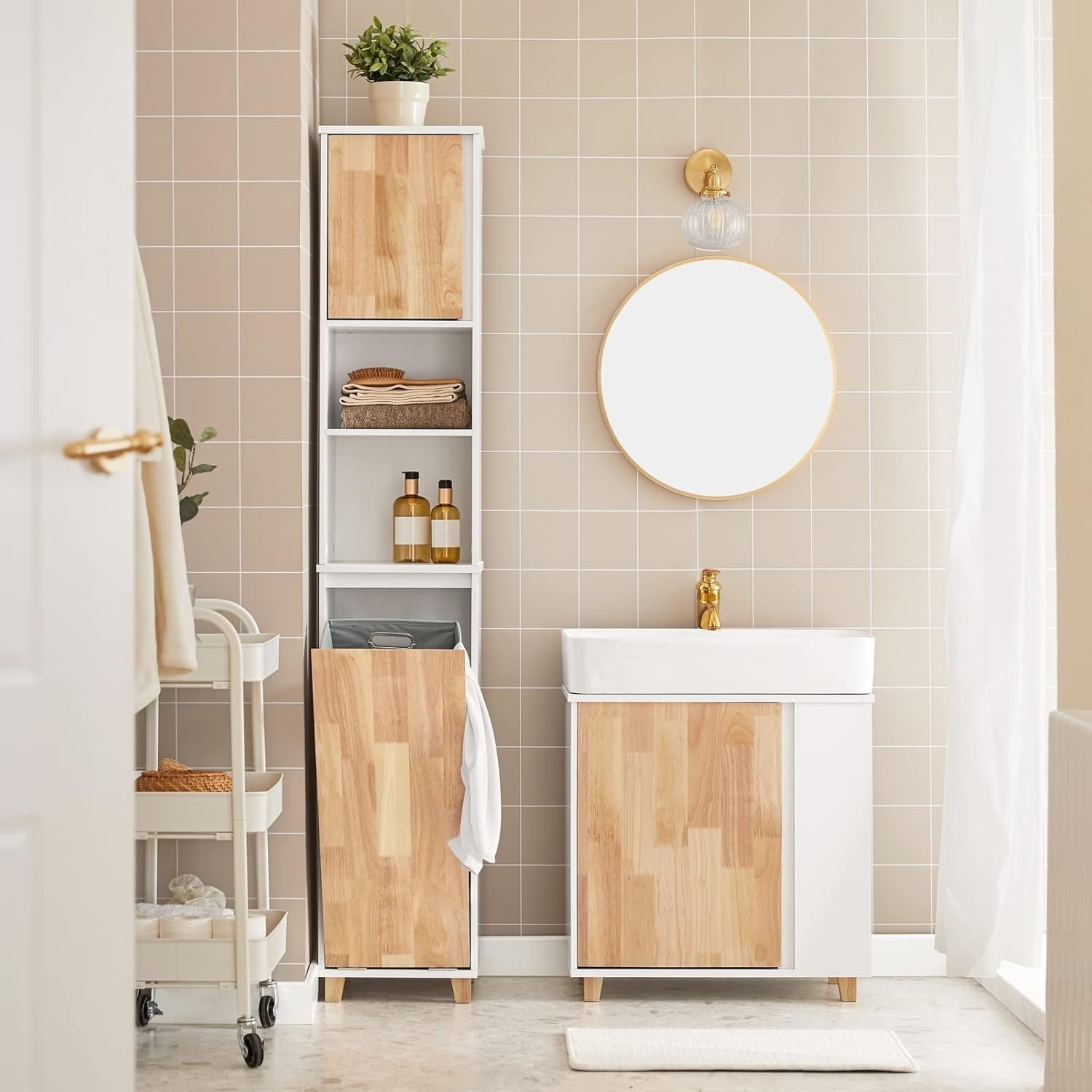 Tall Bathroom Storage Cabinet with Fold-Out Laundry Basket White 31×32×170cm
