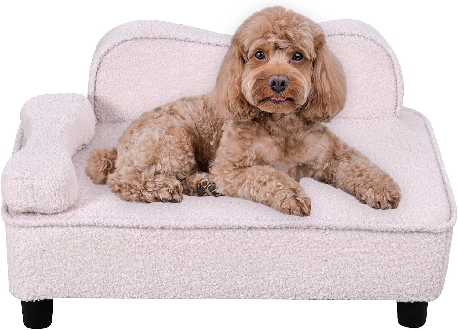 Pet Sofa Bed Teddy Velvet Dog Cat Couch w Wood Base Beige