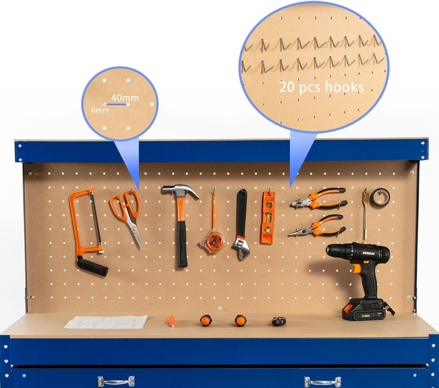 Blue Steel Garage Workbench Tool Station w/ Drawer Pegboard Shelf DIY Bench