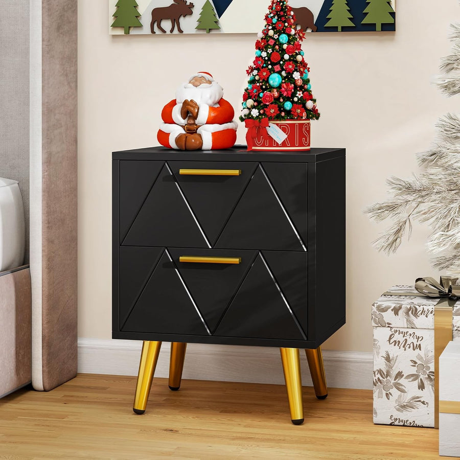 Black Bedside Table with Gold Legs & Charging Station | Modern 2-Drawer 40×52cm