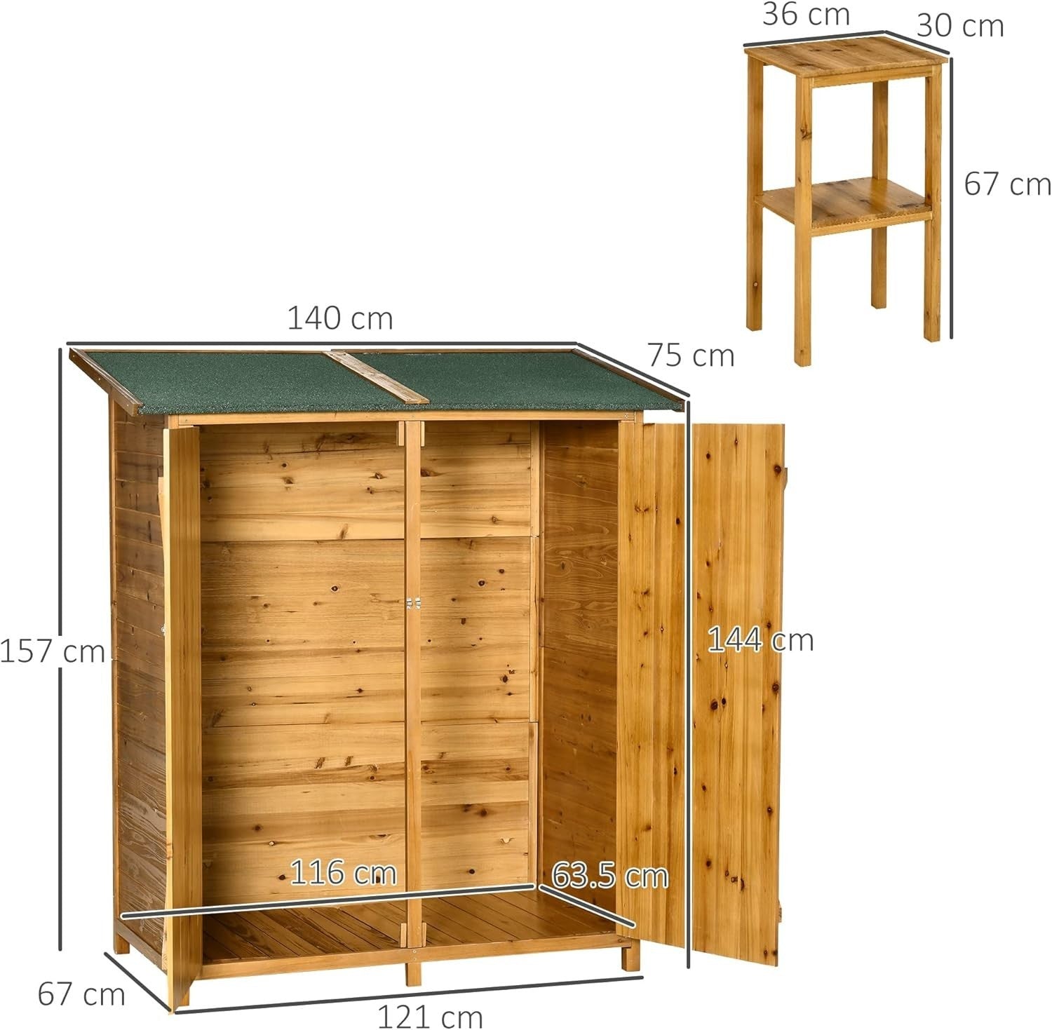 Wooden Garden Storage Shed with Shelves & Table, Waterproof Lockable 140x75x157c