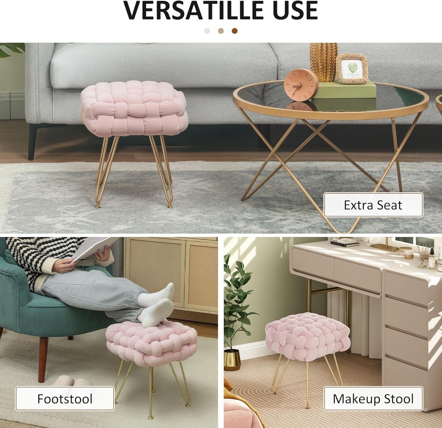 Pink Square Footstool Woven Velvet Ottoman Metal Leg Vanity Makeup Seat