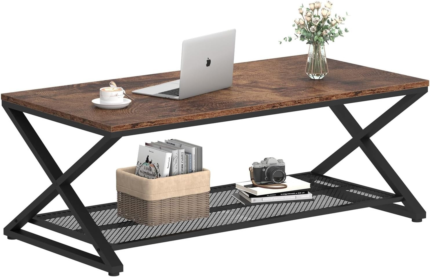 Rustic 2 Tier Coffee Table with Storage Shelf, Industrial Wood Metal Living Room