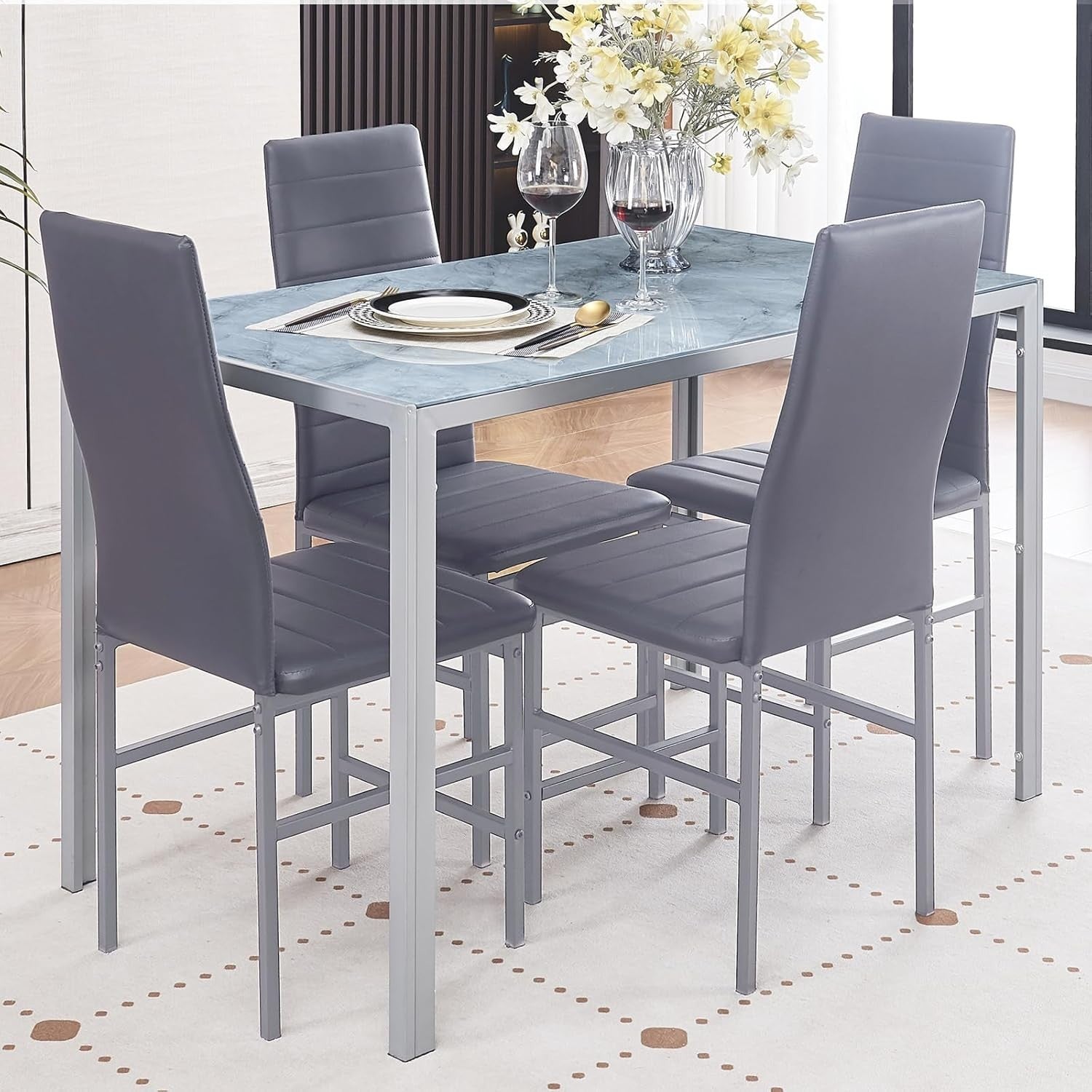 5PC Grey Marble Glass Dining Set with PU Leather Chairs Compact Table