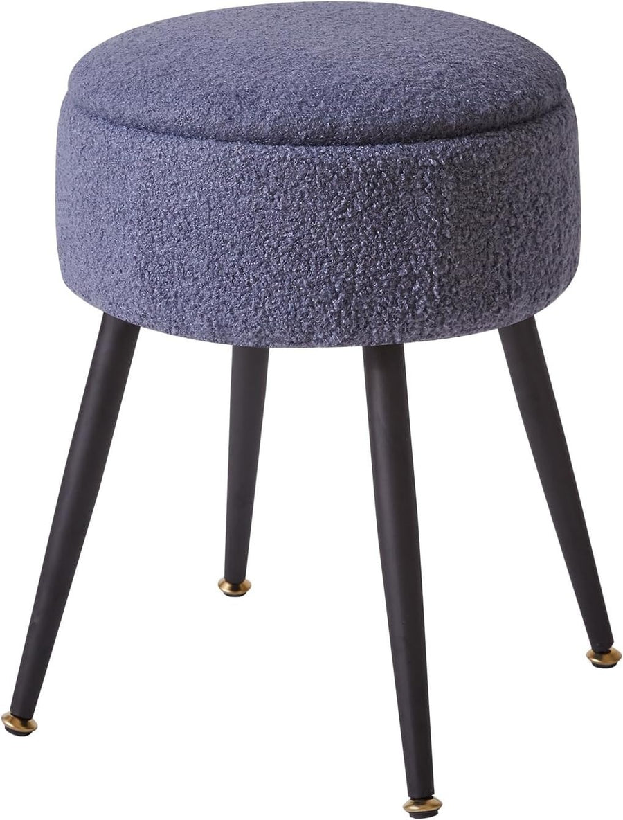 Blue Grey Round Vanity Stool with Storage – Teddy Fur Ottoman Chair