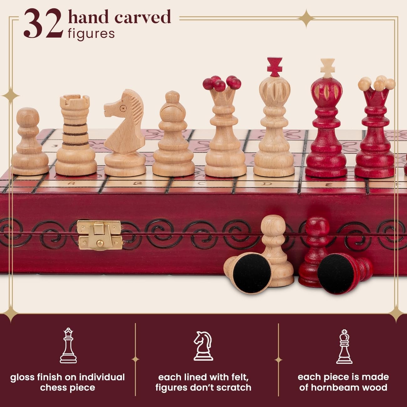 Luxury 42cm Red Wooden Chess Set XL | Handcrafted Board & Carved Pieces | Premiu