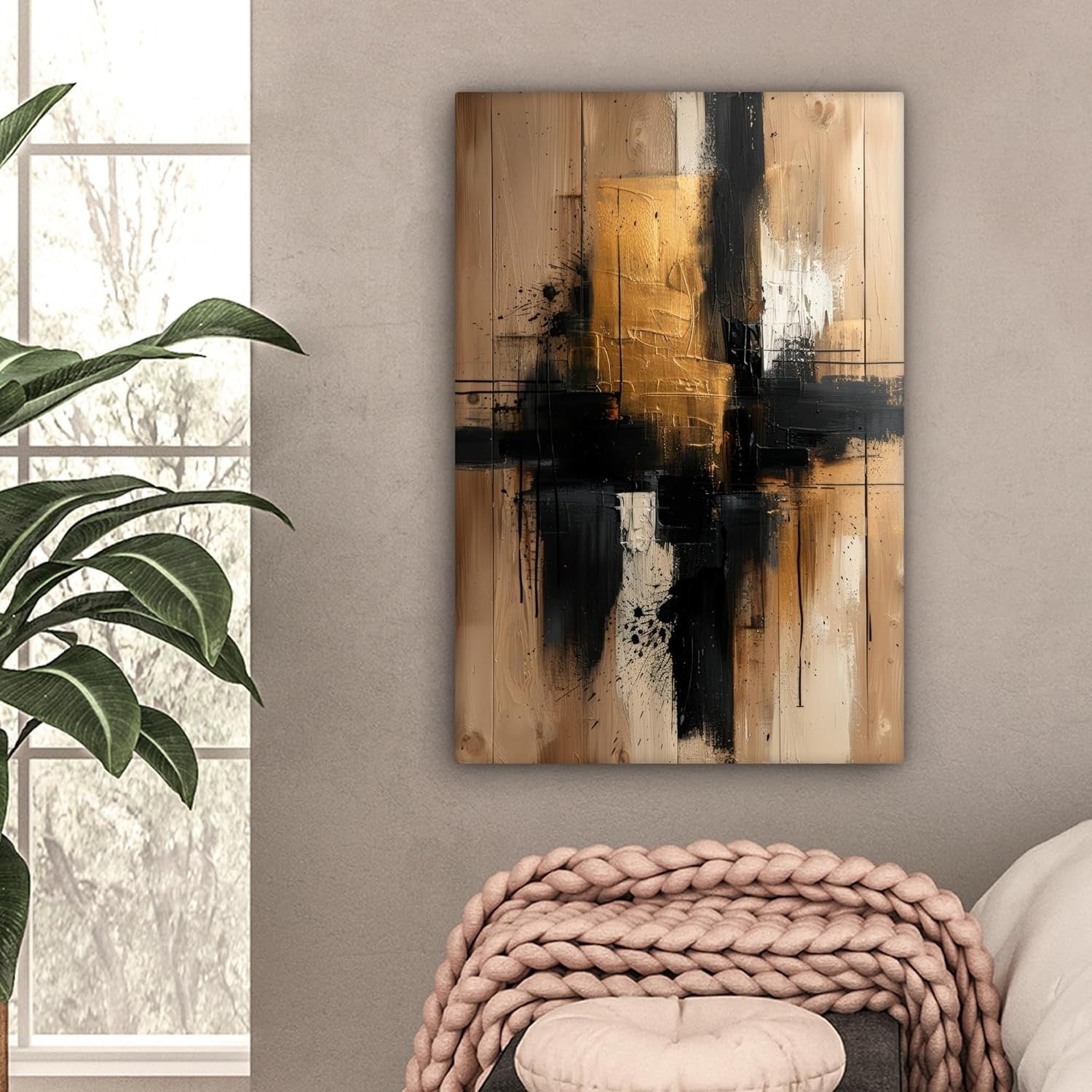 Abstract Gold Black Canvas Wall Art 40x60cm Framed Modern