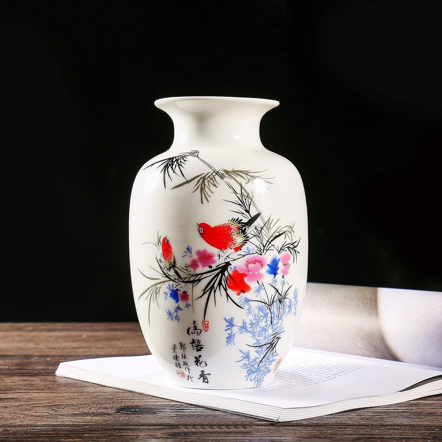 Chinese Porcelain Flower Vase Hand Painted Bird Floral White Ceramic 22cm