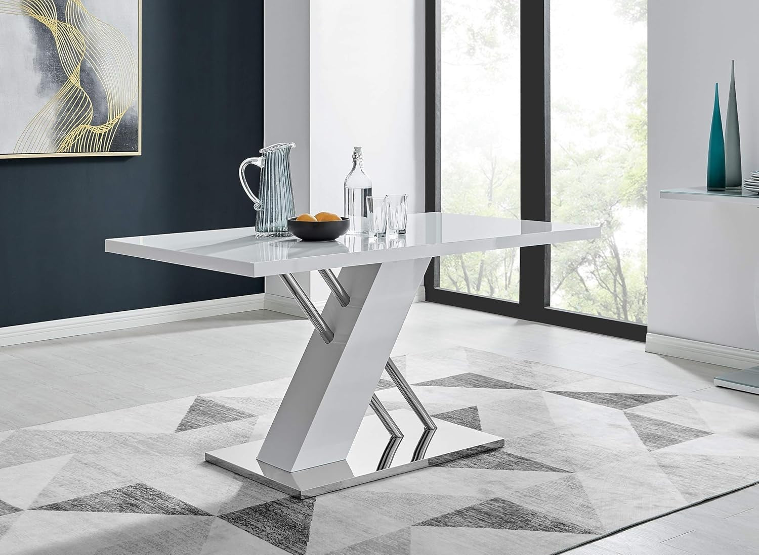 White Gloss Dining Table 150cm – Modern Steel Base, Sleek & Durable